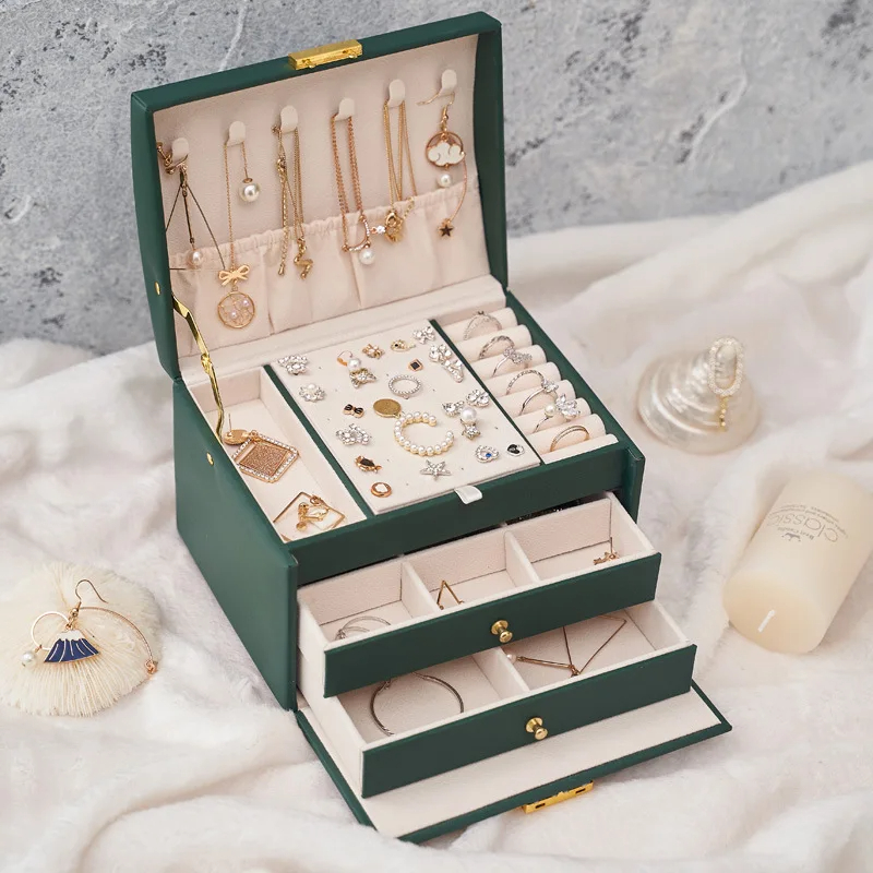Leather Jewelry Box Lockable 3-layer Drawer Storage Box (4)sy9