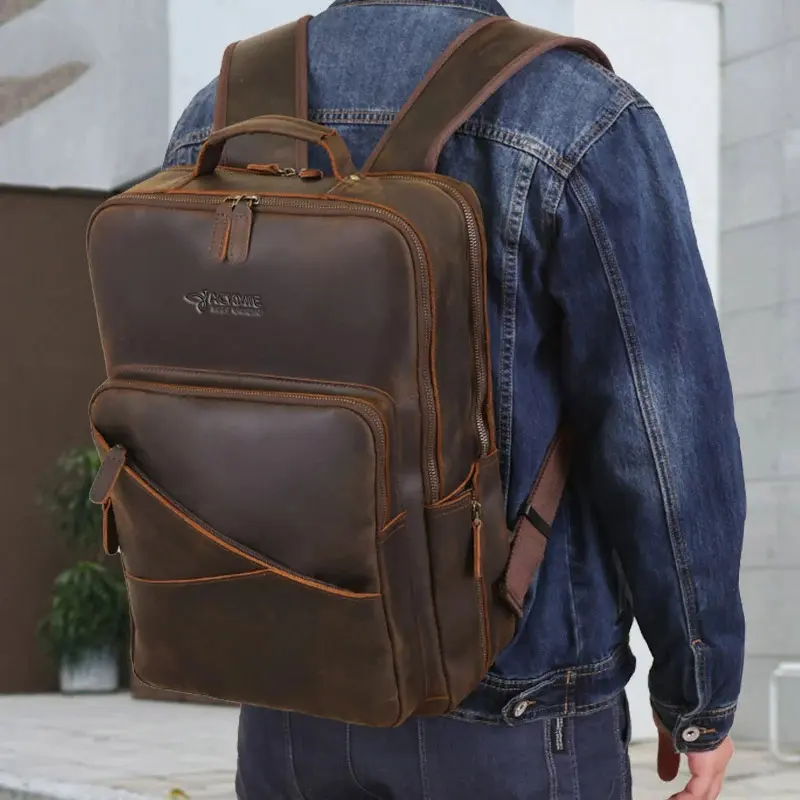 Genuine Leather Laptop Backpack Retro Cowhide Leisure Bag