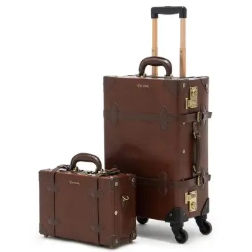 Vintage Hard Leather Suitcase with Wheels Leather Luggage Set