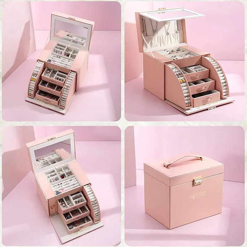 Multi-layer PU Leather Jewelry Box with Mirror and Lock