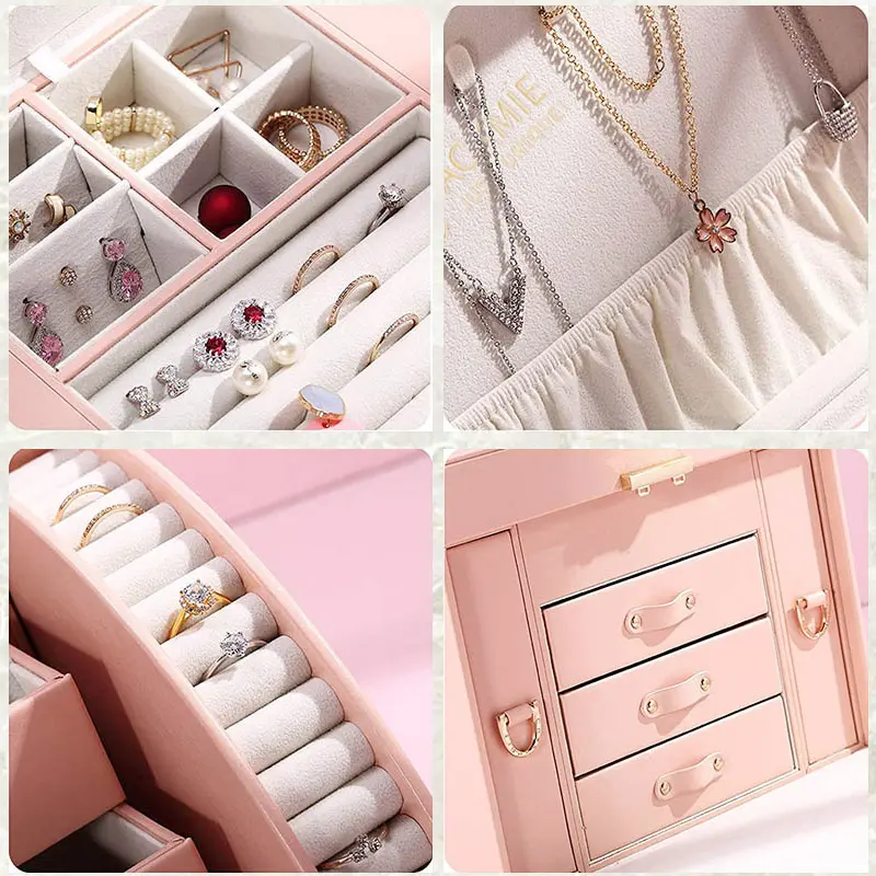 Multi-layer PU Leather Jewelry Box with Mirror and Lock