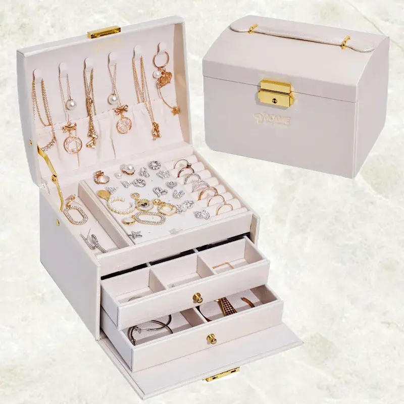 Leather Jewelry Box Lockable 3-layer Drawer Storage Box