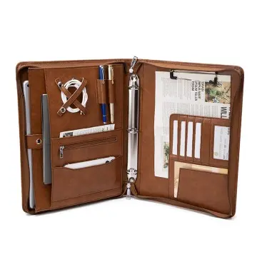 Genuine Leather Zipper Business Folder Organizer with Hidden Handle