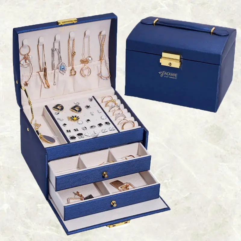 Leather Jewelry Box Lockable 3-layer Drawer Storage Box