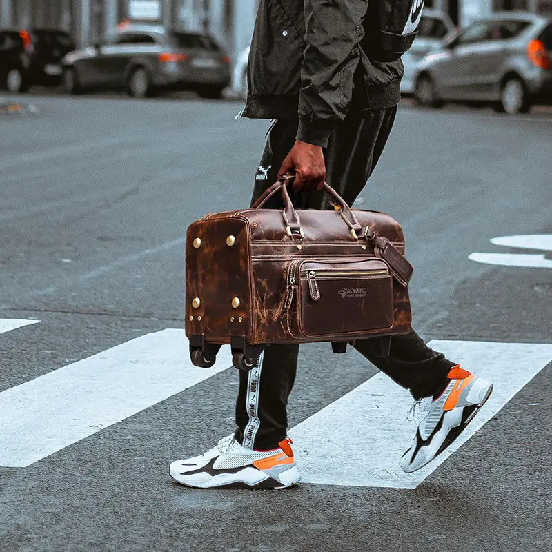 Large Capacity Genuine Leather Trolley Duffel Bag