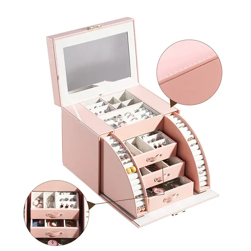 Multi-layer PU Leather Jewelry Box with Mirror and Lock (2)n8v