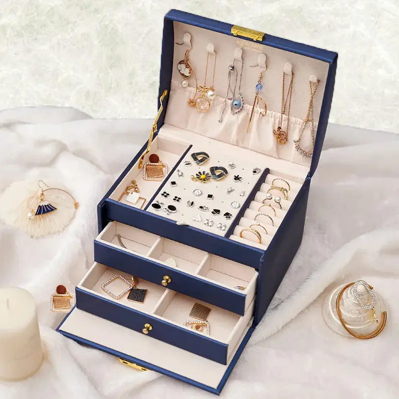 Leather Jewelry Box Lockable 3-layer Drawer Storage Box
