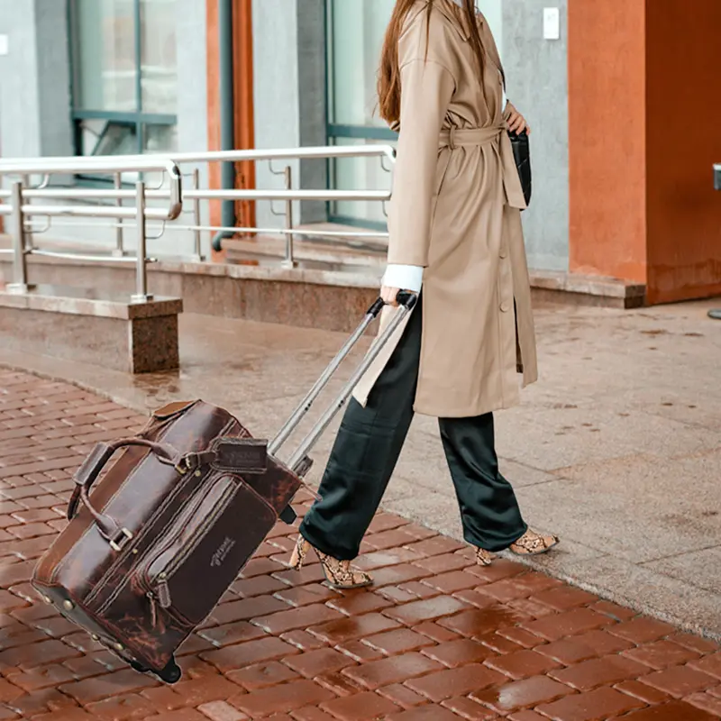 Large Capacity Genuine Leather Trolley Duffel Bag
