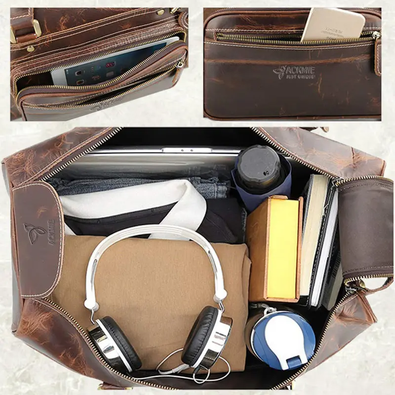 Large Capacity Genuine Leather Trolley Duffel Bag
