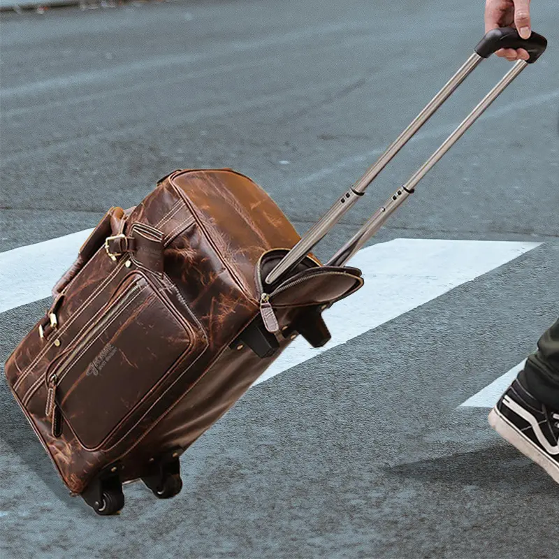 Large Capacity Genuine Leather Trolley Duffel Bag
