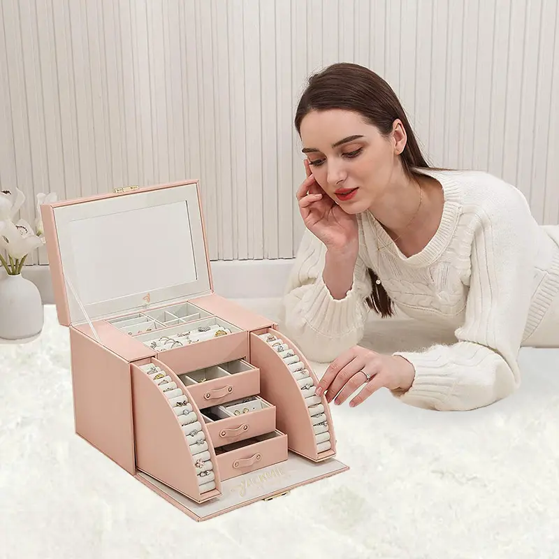 Multi-layer PU Leather Jewelry Box with Mirror and Lock
