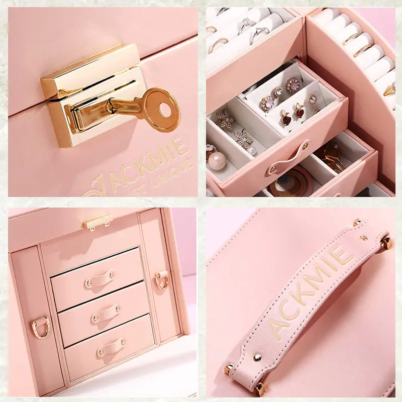 Multi-layer PU Leather Jewelry Box with Mirror and Lock