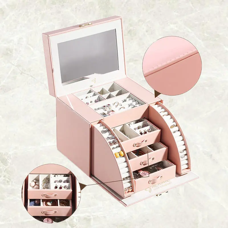 Multi-layer PU Leather Jewelry Box with Mirror and Lock