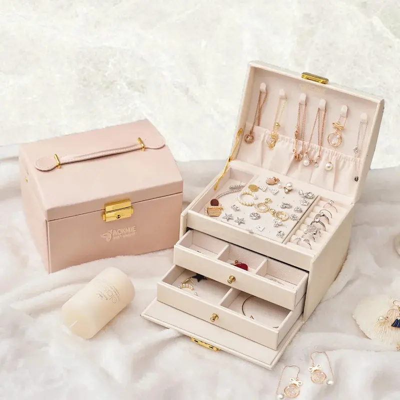 Leather Jewelry Box Lockable 3-layer Drawer Storage Box