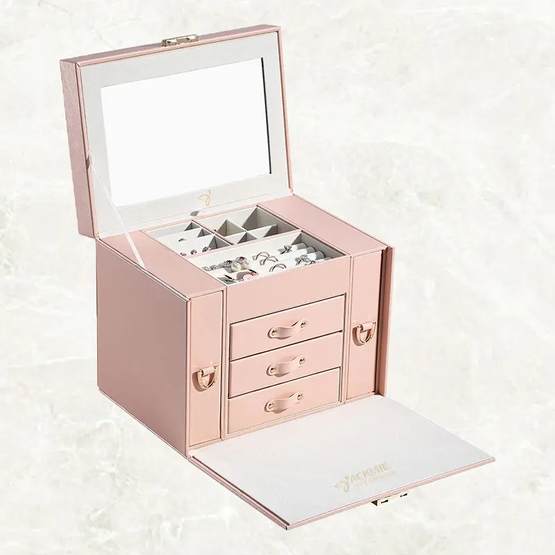 Multi-layer PU Leather Jewelry Box with Mirror and Lock