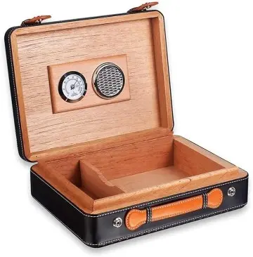 Vintage Black Leather Cigar Humidor Cedar Wood Cigar Case