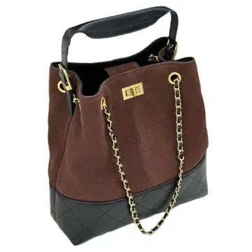 Matte Leather Diamond Cowhide Retro Chain Shoulder Bag Bucket Bag Contrast Color Tote Bag