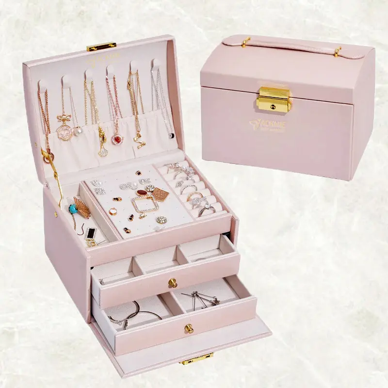 Leather Jewelry Box Lockable 3-layer Drawer Storage Box