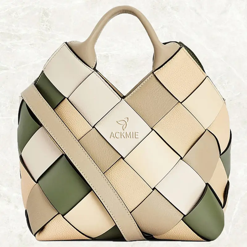 Large Capacity Women's Handbag Leather Braided Handbag